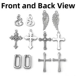 Front and back view of stainless steel swan, cross, and wing charms for DIY jewelry sets