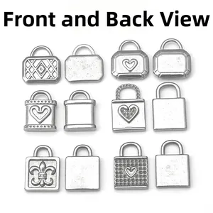 Front and back views of assorted heart and fleur-de-lis stainless steel lock pendants