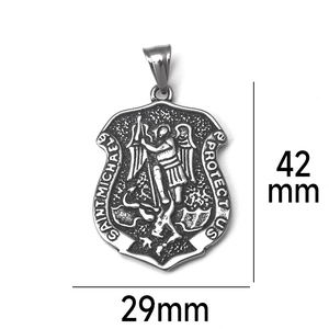 Detailed size view of Saint Michael shield pendant showing 42mm height and 29mm width