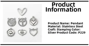 Detail view of seven stainless steel heart and spade pendants with technical specifications