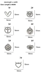 Detailed size chart showing dimensions of stainless steel heart and cross pendants