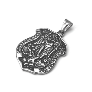 Vintage stainless steel Saint Michael shield pendant necklace with protective engraving
