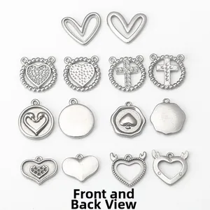 Front and back view of stainless steel heart and cross charms for DIY jewelry making