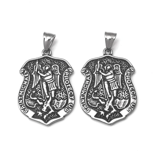 Vintage Saint Michael shield pendant in stainless steel with retro relief design