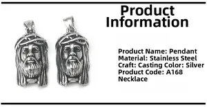 Detailed view of cast silver stainless steel Jesus pendant with religious engraving
