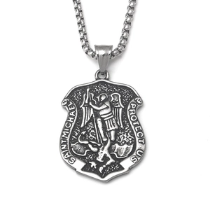 Retro Stainless Steel Saint Michael Archangel Shield Pendant Necklace Gothic Punk Embossed Religious Protective Jewelry For Men