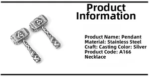 Macro detail of silver stainless steel Mjölnir pendant with Norse runes and Celtic knots