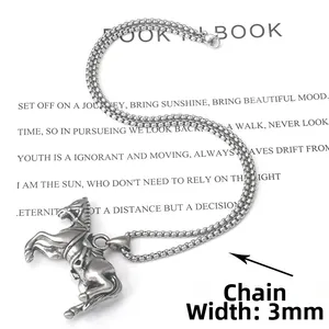 Detail showing 3mm box chain width and vintage stainless steel horse pendant