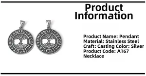 Detail specifications of stainless steel Tree of Life pendant with Nordic runes symbols