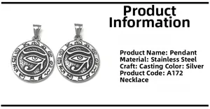 Detailed view of silver stainless steel Horus Eye pendants with ancient rune engravings