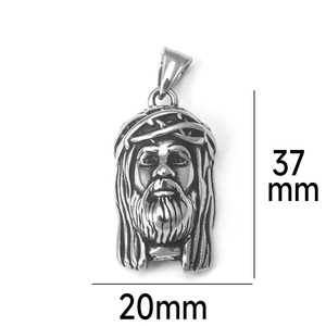 Detailed engraving of a 37mm Jesus pendant in vintage stainless steel with thorn crown