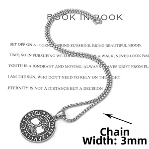 Detailed close-up of 3mm stainless steel box chain with Tree of Life rune pendant