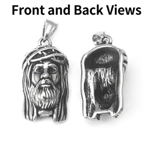 Vintage stainless steel Jesus head pendant showing front and back view with thorn crown