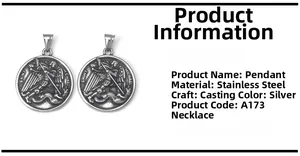 Detail showing Saint Michael religious pendant made of silver stainless steel casting