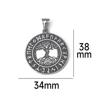 Macro detail of Tree of Life pendant with Viking runes and precise 38mm size measurements