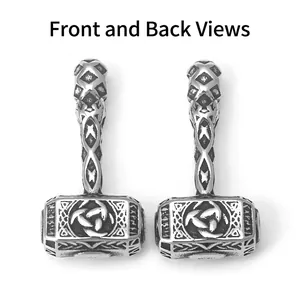 Vintage stainless steel Mjölnir hammer pendant necklace with Norse rune engravings