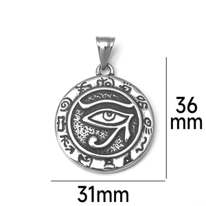 Macro detail of Eye of Horus stainless steel pendant with 31mm and 36mm size scale