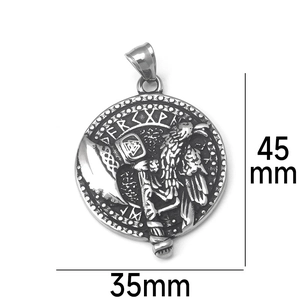 Vista detallada del colgante de hacha de cuervo vikingo de acero con medidas 45x35mm