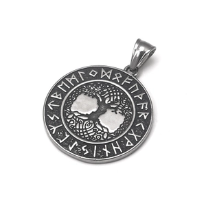 Vintage stainless steel Tree of Life pendant with Nordic runes in antique silver