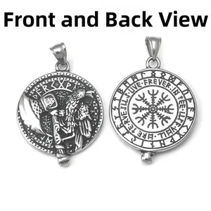 Colgante hacha vikinga cuervo de acero inoxidable de doble cara con detalle Vegvisir