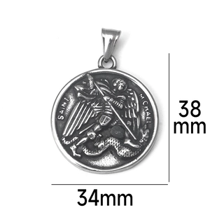 Detail view of Saint Michael stainless steel pendant with 34mm and 38mm size measurements