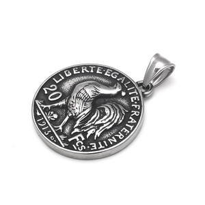 Collier avec pendentif pièce coq gaulois en acier inoxydable au design rétro français