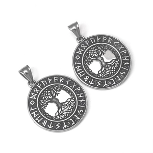Vintage stainless steel Tree of Life pendant with carved Runes symbols for men and women