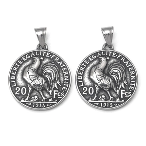 Collier Pendentif Pièce de Monnaie Coq Gaulois Français Vintage Acier Inoxydable Couleur Argent Bijoux Cadeau Hommes Femmes