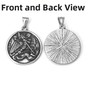 Retro stainless steel Saint Michael coin pendant showing front and back detailed view