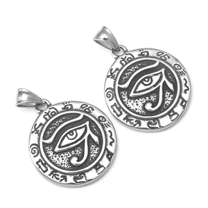 Vintage stainless steel Eye of Horus pendant necklace with ancient Egyptian hieroglyphics