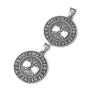 Retro stainless steel Tree of Life pendant with Viking runes and vintage silver finish