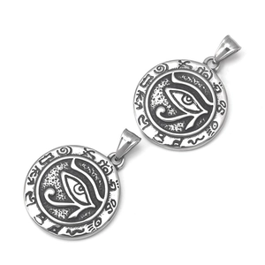 Vintage stainless steel Eye of Horus medallion pendant with ancient Egyptian engravings