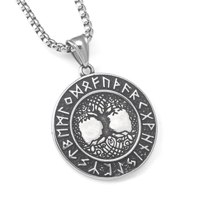 Vintage stainless steel Tree of Life pendant necklace with Norse runes on square pearl chain
