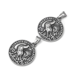 Pendentif coq vintage en acier inoxydable avec gravure Liberté Égalité Fraternité