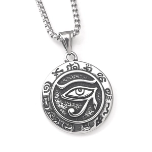Detail of Eye of Horus pendant in vintage stainless steel with an oxidized silver finish