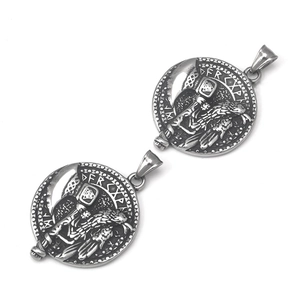 Collar de acero inoxidable con colgante de hacha vikinga y cuervo con grabado de runas