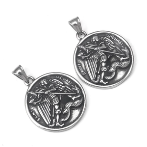 Vintage stainless steel Saint Michael pendant with detailed angel relief and antique finish