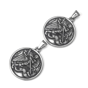 Retro stainless steel Saint Michael religious pendant with embossed angel knight design