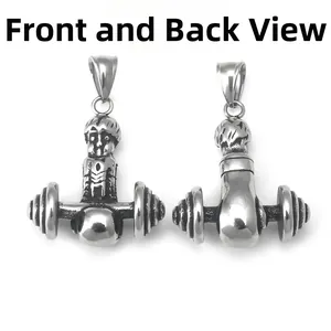 Vintage stainless steel barbell lifter pendant necklace showing both front and back views