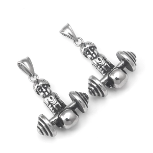 Retro stainless steel dumbbell fitness pendant necklace featuring a muscular figure motif