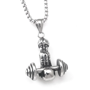 Detailed close-up of stainless steel weightlifting figurine pendant on a pearl chain