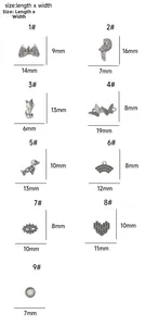 Size chart showing dimensions for stainless steel bat and fox charms in millimeters