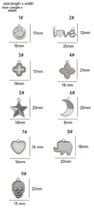 Size chart showing dimensions for 9 styles of stainless steel DIY jewelry pendants