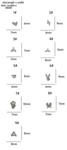 Tableau des tailles détaillant les dimensions des breloques en acier inoxydable pour bijoux