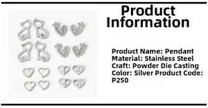 Lot de 12 pendentifs en acier inoxydable chat et cœur pour accessoires de bijoux DIY