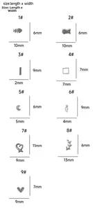 Detailed size chart for stainless steel charms featuring nine different mini jewelry shapes
