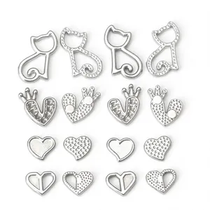 Pendentifs en acier inoxydable chat et cœur avec vues avant polie et arrière texturée