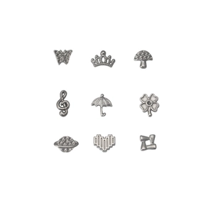 9-piece set of stainless steel DIY jewelry charms including crown and musical note shapes