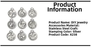 Detailed macro view of silver zodiac pendants for DIY jewelry making in stainless steel