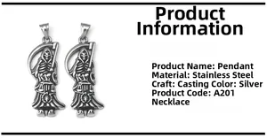 Macro detail of gothic stainless steel grim reaper pendant with double scythe casting